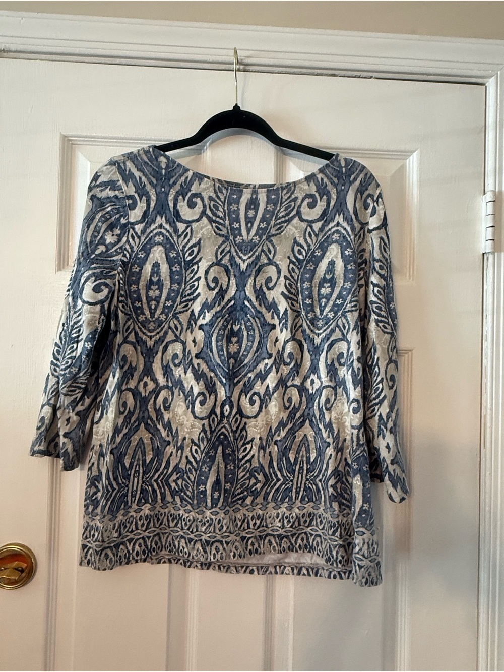 Chico's Blue and White Paisley-Print Boatneck Top